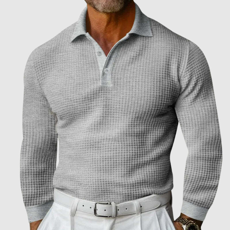 Men’s Knitted Polo Shirt - Waffle Texture - Slim Fit - Long Sleeve Smart Casual