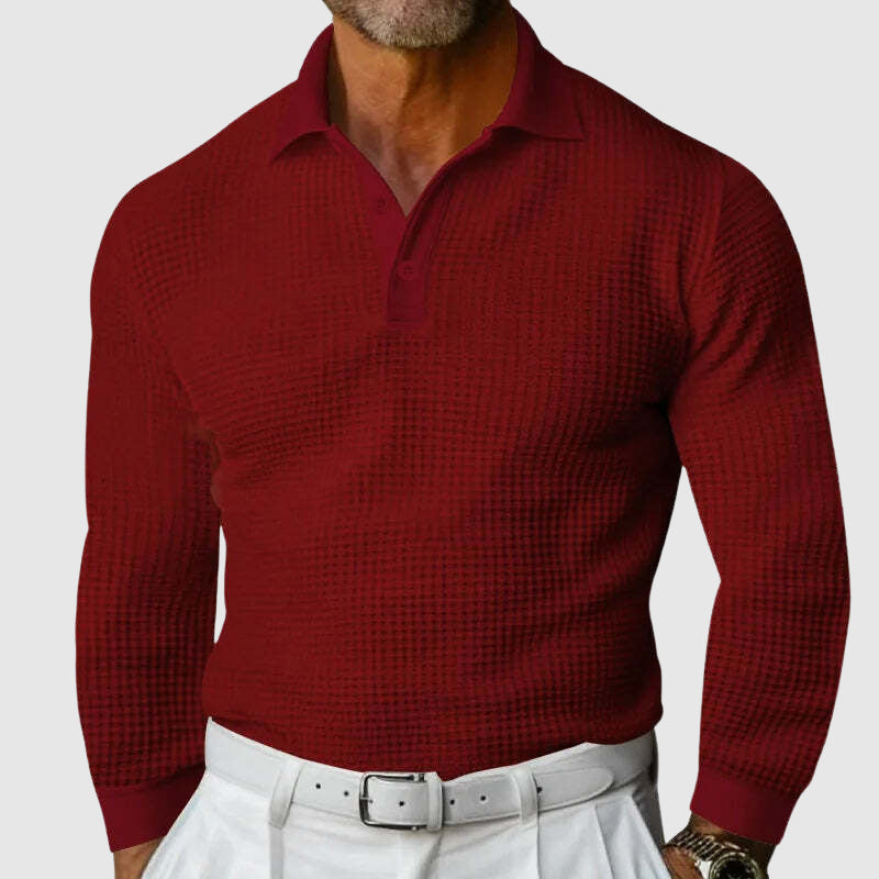 Men’s Knitted Polo Shirt - Waffle Texture - Slim Fit - Long Sleeve Smart Casual