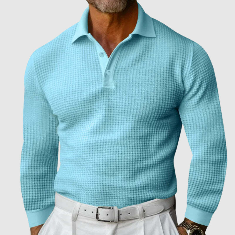 Men’s Knitted Polo Shirt - Waffle Texture - Slim Fit - Long Sleeve Smart Casual