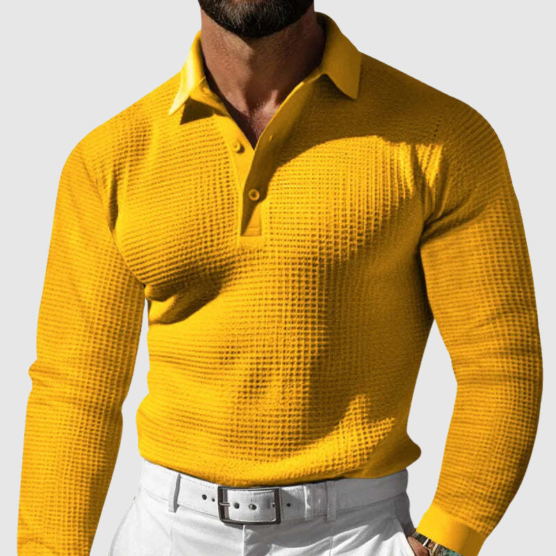 Men’s Knitted Polo Shirt - Waffle Texture - Slim Fit - Long Sleeve Smart Casual