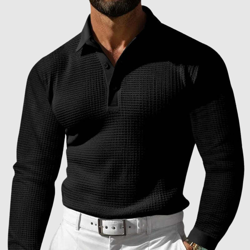 Men’s Knitted Polo Shirt - Waffle Texture - Slim Fit - Long Sleeve Smart Casual