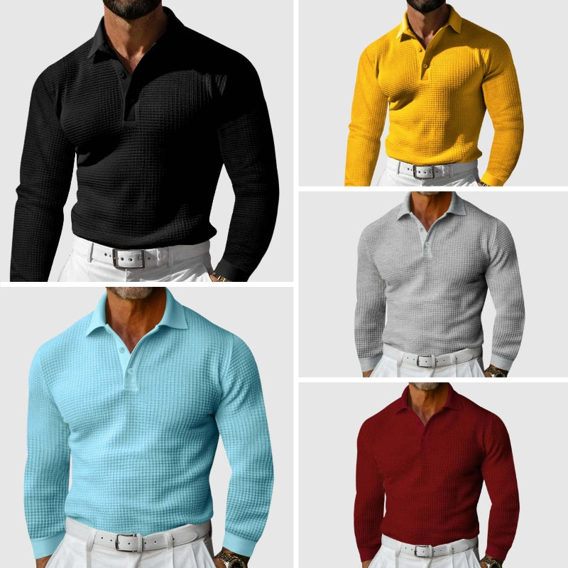 Men’s Knitted Polo Shirt - Waffle Texture - Slim Fit - Long Sleeve Smart Casual