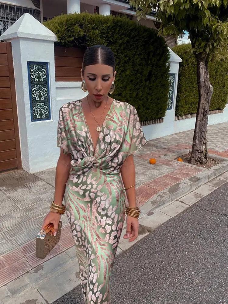 Elegant Floral Midi Dress for Women – V-Neck, Short Sleeve, Pleated