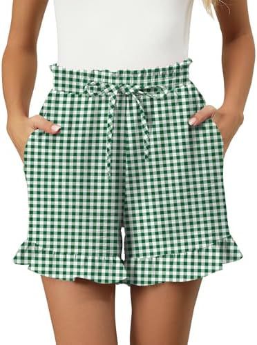Women’s Cotton Shorts – Relaxed Fit – Gingham Pattern – Ruffle Hem – Elastic Waist