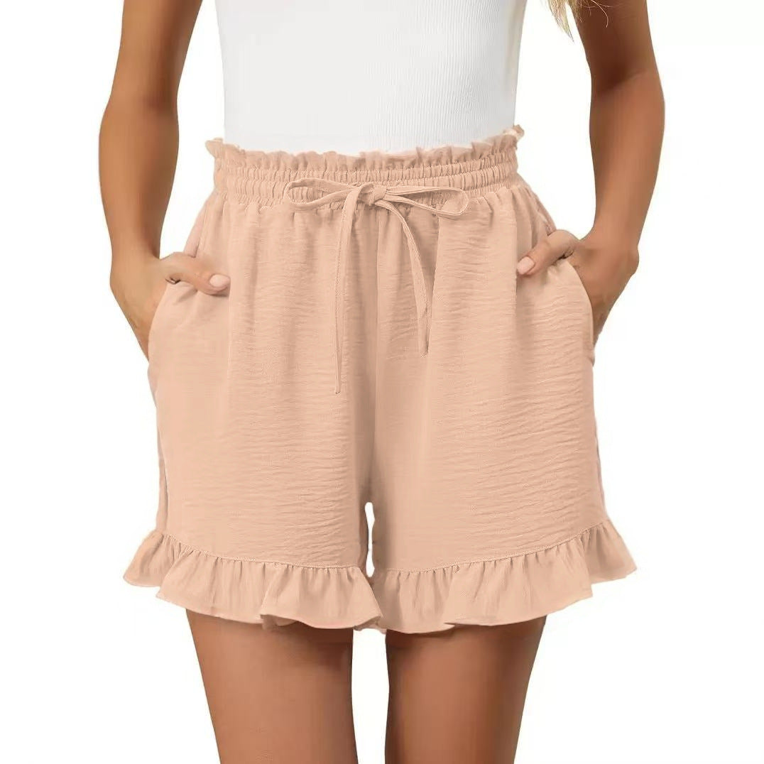 Women’s Cotton Shorts – Relaxed Fit – Gingham Pattern – Ruffle Hem – Elastic Waist